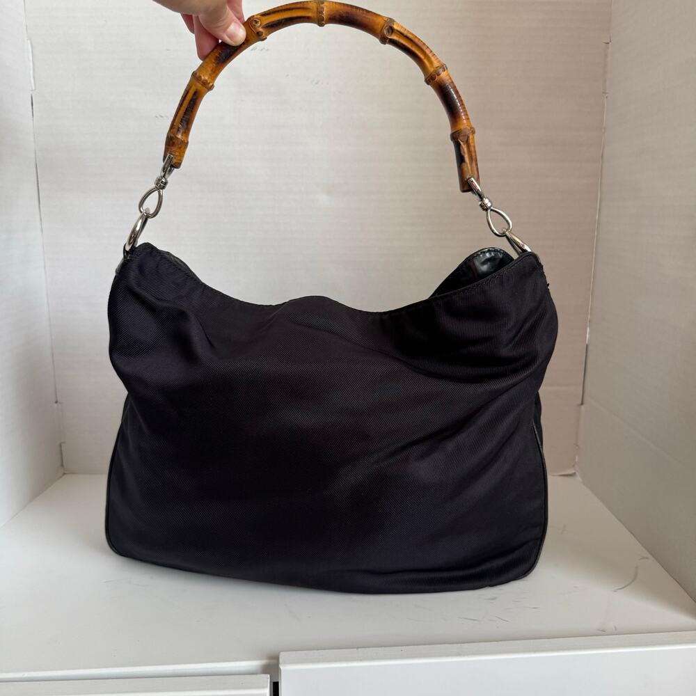 Gucci Large black bag bamboo handle shoulder purse Nylon vintage classic design - Picture 14 of 17